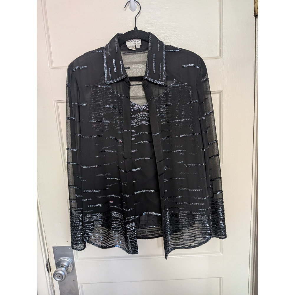 J. Kara Fairy Formal Beaded 2 Piece Set Black Silver Tank & Sheer Cardigan M/L